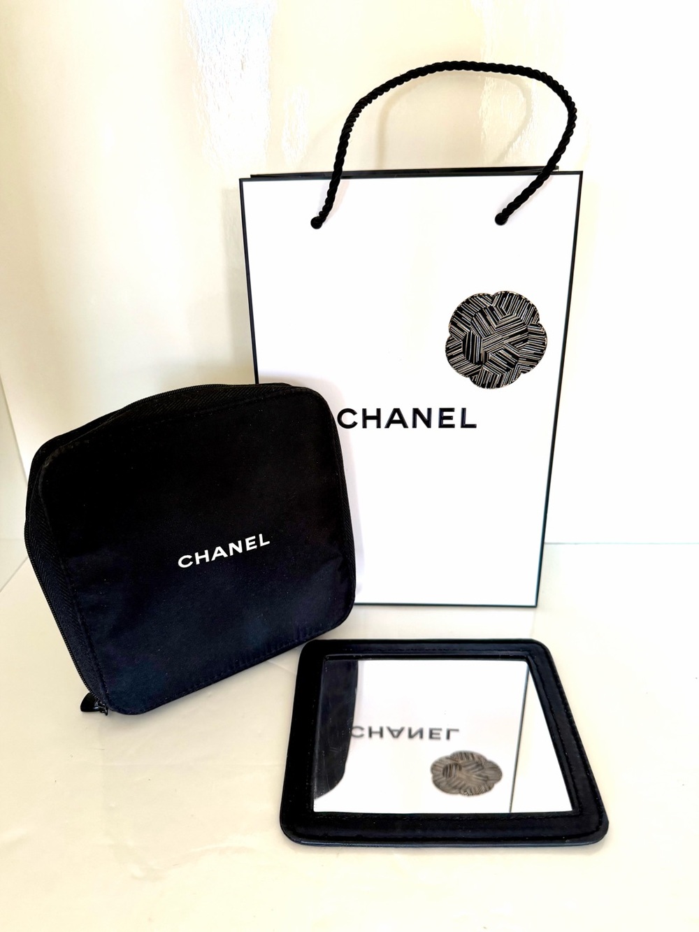 CHANEL Black Travel Pouch and Compact Mirror Set